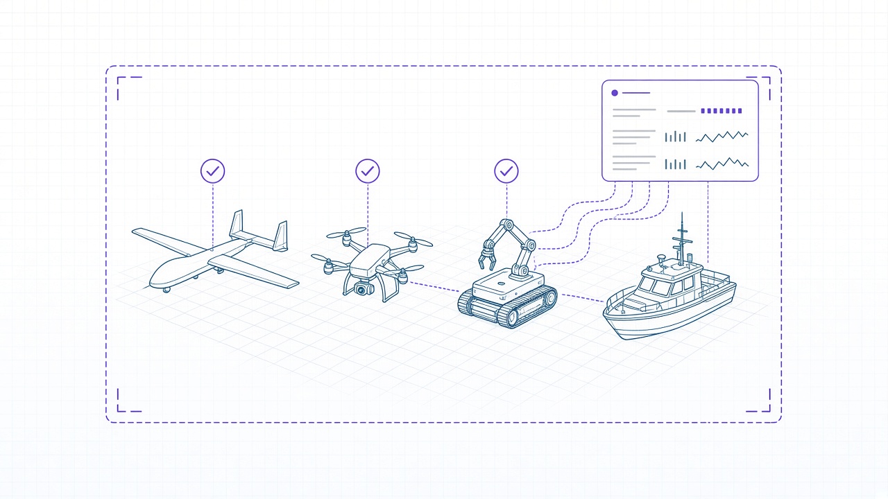 Four classes of AI-powered machine — a twin-tail fixed-wing UAV, a quadcopter, a tracked mobile manipulator and a marine vessel — validated in simulation on an Etalonis reference grid, each feeding a live telemetry readout.